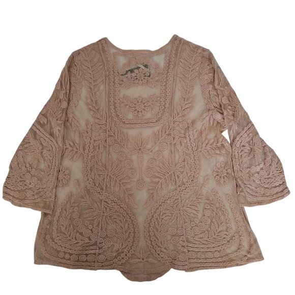 Ultra Pink Light Pink Lace Embroidered Floral 3/4 Sleeve Blouse Women's Size 1X - Picture 3 of 10